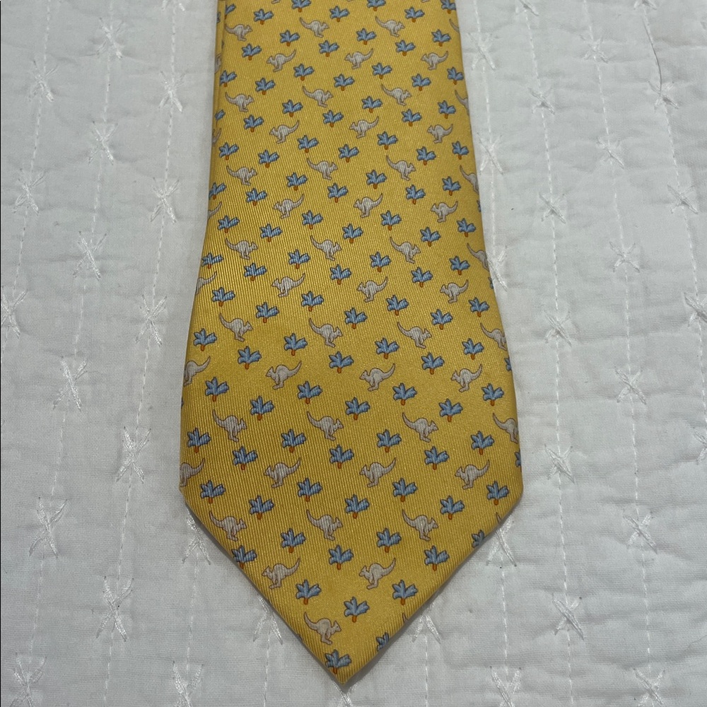 Ferragamo Yellow Tie with Kangaroo and Palm Tree Pattern